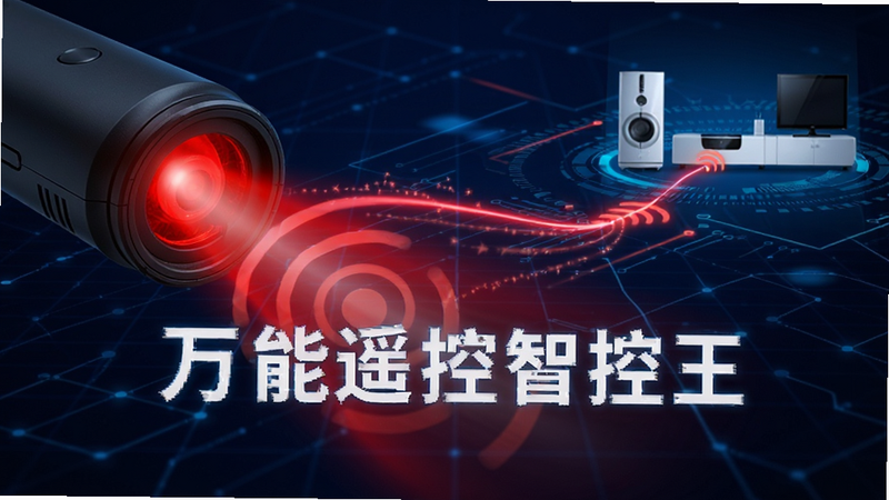 抽象科技风格插图,主体为手机红外发射端发出的红色光线连接至远处的家电设备,背景为深蓝色科技感网格,线条流畅,突出信号传输的稳定与快速,画面中心标注软件名“万能遥控智控王”,无水印,高对比度