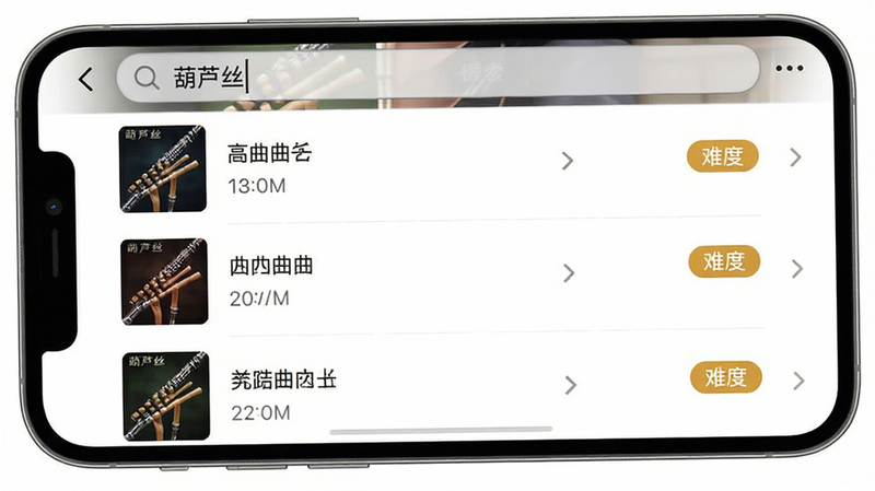 主体为手机屏幕界面,展示音乐列表页面,列表项包含曲名、时长、难度标签,顶部有搜索框显示“葫芦丝”,布局整齐,排版清晰,风格现代扁平化,细节显示歌曲封面缩略图,画质清晰,干净,无多余元素