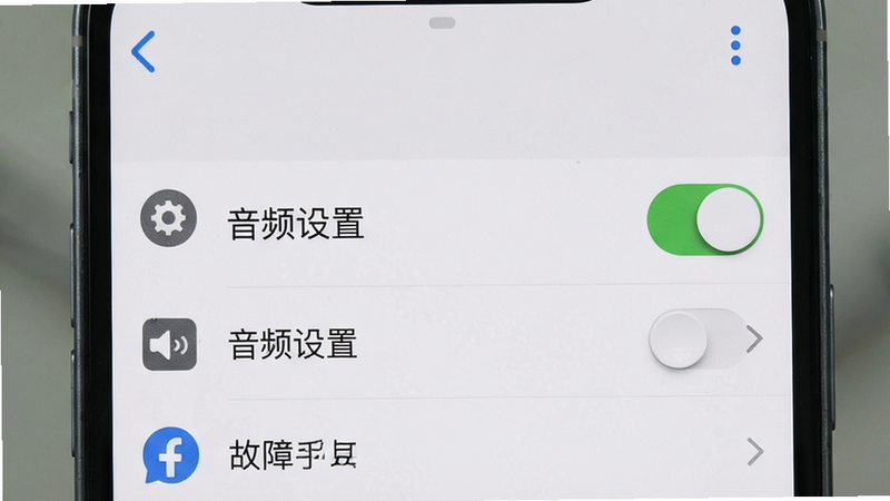 主体为手机故障排查界面,显示“音频设置”选项,有开关按钮,背景为浅灰色,布局列表式,排版清晰,风格系统原生UI,细节显示图标清晰,画质清晰,干净,无多余元素