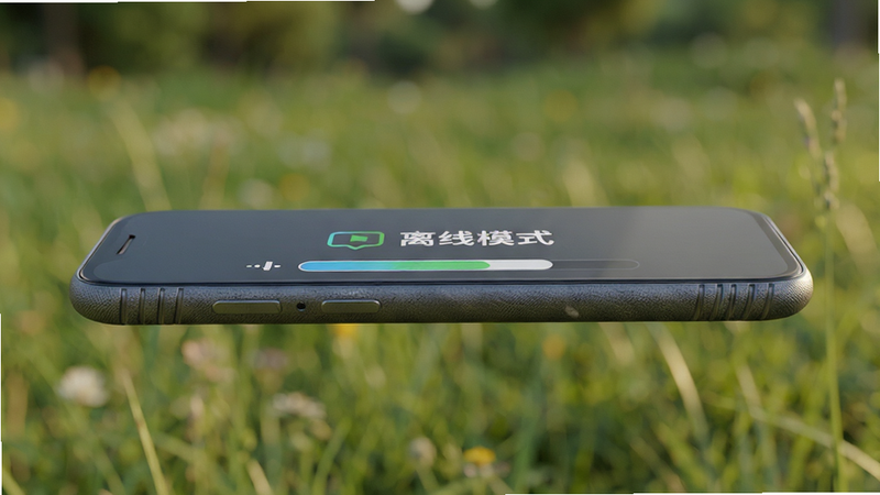 主体为手机侧边视图,显示下载进度条,屏幕上有“离线模式”标识,背景为户外草地模糊景深,布局立体,排版直观,风格写实摄影,细节显示手机边框质感,画质逼真,干净,无多余元素