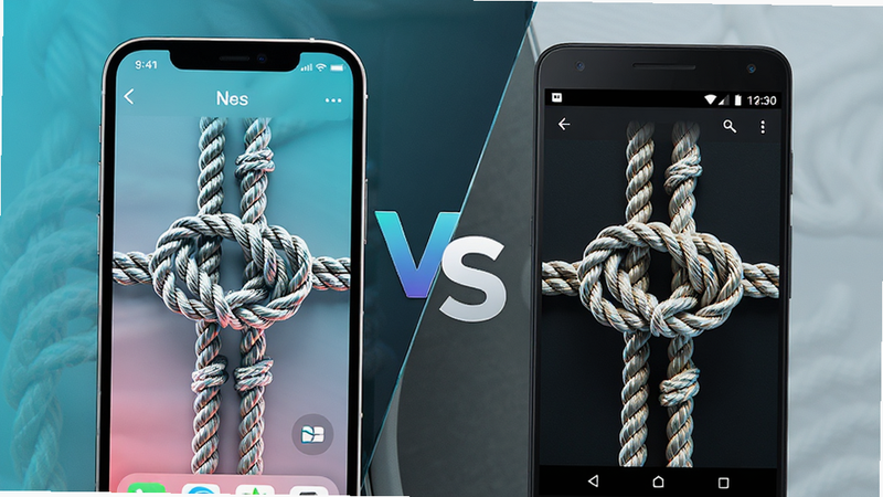 主体为并排摆放的iOS手机与Android手机,屏幕均显示绳结应用界面,中间有一个VS标志,风格为现代科技感,色调清爽,细节精致,画质高清,干净,无多余元素
