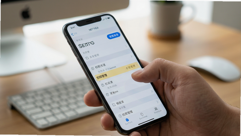 主体为一只手正在操作智能手机,屏幕显示手机设置界面,高亮显示“权限管理”选项,背景为模糊的桌面,风格为写实特写,细节清晰,画质高清,干净,无多余元素