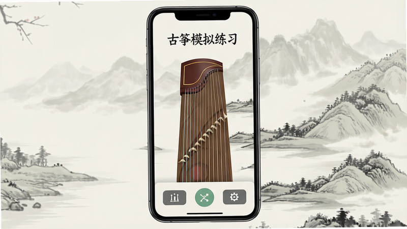 主体为一部竖屏智能手机,屏幕中央显示古筝模拟练习软件界面,背景为淡雅的水墨山水画风格,布局简洁,顶部有“古筝模拟练习”标题,中间是虚拟古筝琴弦区域,底部是功能按钮,风格为现代扁平化设计,细节清晰,画质8k,干净,无多余元素