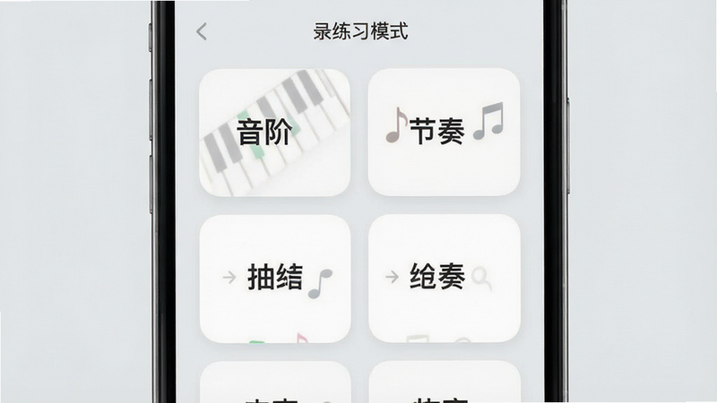 手机界面展示练习模式选择菜单,背景为浅灰色,布局为网格状卡片,每个卡片代表一种练习模式如“音阶”、“节奏”,风格简约现代,细节圆润,画质高清,干净,无多余元素