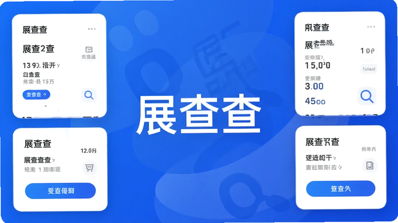 主体为展查查APP界面展示,布局采用中心对称式卡片设计,排版清晰简洁,风格为现代商务科技风,细节包含蓝色渐变背景与白色UI组件,画质高清,干净,无多余元素,图中文字