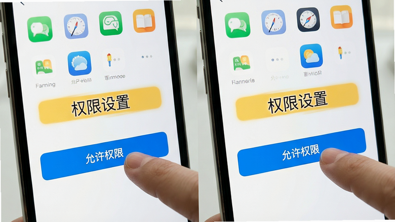 主体为手机设置界面与APP图标交互场景,布局为左右分屏,排版直观易懂,风格为明亮简约风,细节展示手指点击“允许权限”按钮,画质清晰,干净,无多余元素,图中文字
