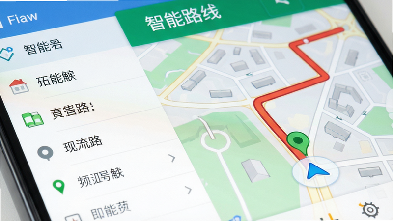 主体为手机地图导航界面特写,布局为左侧列表右侧地图,排版紧凑有序,风格为扁平化设计,细节显示红色路线轨迹与绿色定位点,画质高清,干净,无多余元素,图中文字