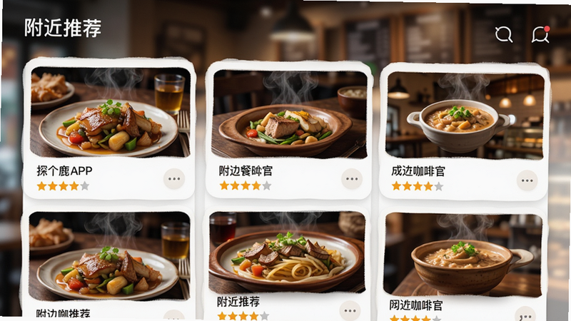 主体为探个鹿APP生活探索功能界面,布局为卡片式列表,展示周边餐厅与咖啡馆的缩略图及评分,排版紧凑且留白适度,风格为写实摄影风与UI结合,细节展示食物热气腾腾的质感与店铺温馨氛围,画质逼真,背景虚化突出前景,无多余文字干扰,文字显示