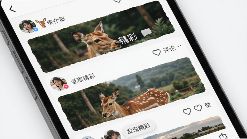 主体为探个鹿APP社交社区界面,布局为瀑布流信息流,展示用户发布的图文动态,排版错落有致,风格为生活化真实感,细节展示用户头像、点赞图标及评论气泡,画质清晰明亮,背景简洁,无杂乱水印,文字显示