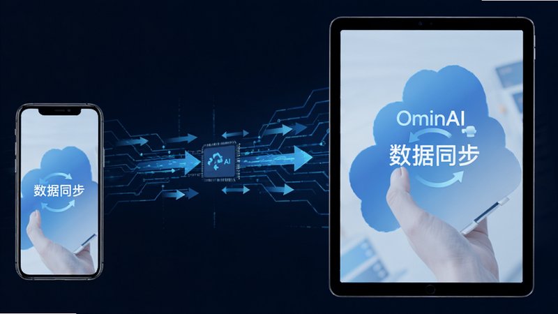 ����Ϊ OminAI ���豸����ʾ��ͼ������չʾ�ֻ���ƽ����Ļ���Ű����Һ�Ӧ�����Ϊ�Ƽ�����ɫ����ϸ��չʾ����������ͷ�����ʸ��壬�ɾ����޶���Ԫ�أ�����