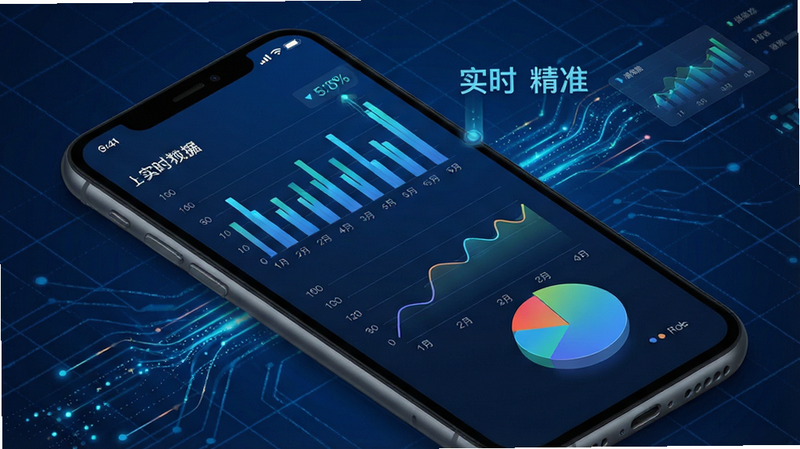 一张移动端数据可视化界面设计图,手机屏幕上显示着柱状图、折线图和饼图,数据流动感强,背景为深蓝色科技网格,突出“实时”与“精准”的视觉效果,专业UI设计风格,高保真渲染