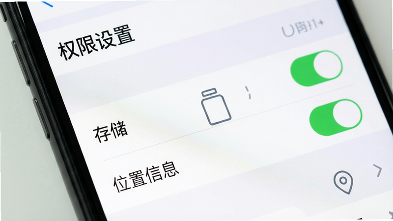 手机设置界面特写,重点高亮显示“权限管理”中的“存储”和“位置信息”开关处于开启状态,界面简洁,风格扁平化,细节清晰,画质高,干净,文字标注“权限设置”