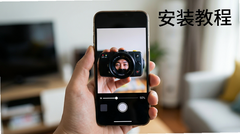 手机屏幕播放视频界面,进度条显示50%,画面中是一只手拿着手机对准摄像头操作,背景虚化,风格生活化,细节真实,画质高清,干净,文字标注“安装教程”