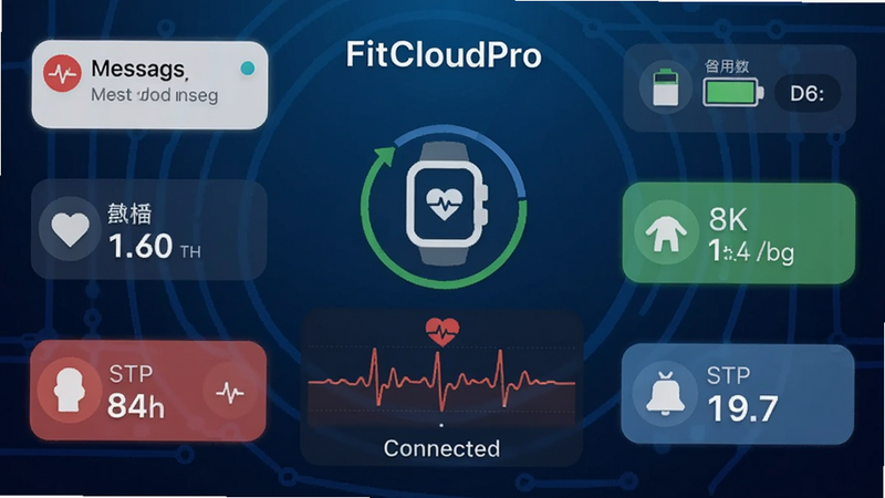 һ�Ÿ������ֲ廭������ΪFitCloudPro�����ֱ�����Ӧ�ý��棬����Ϊ����ɫ�Ƽ����䣬������ʾ�ֱ�����״̬ͼ������ʼ�Ⲩ��ͼ����Χ��������Ϣ֪ͨ����ص������˶�������UIԪ�أ����־��жԳƣ���ƽ����Ʒ��ϸ�����������ְ���