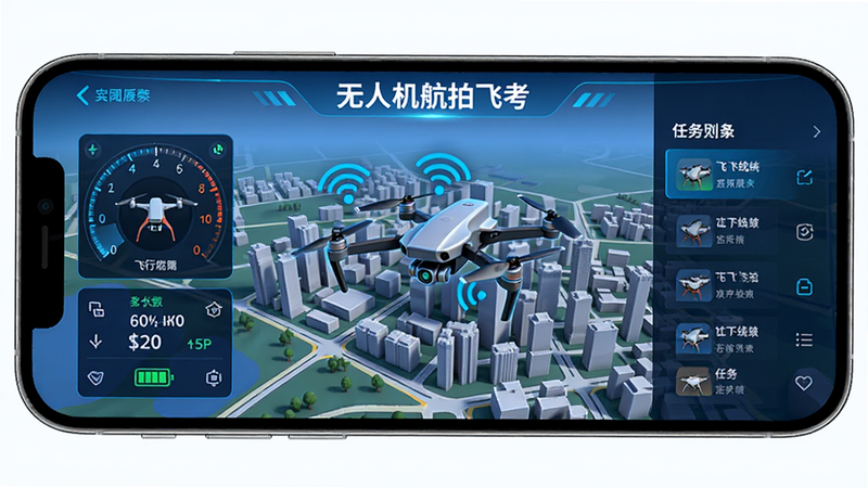 ����Ϊ�����ֻ���Ļ����ʾ���˻����ķɿ�APP���棬����Ϊ����ȫ��3D���е�ͼ�������ʾ���в����Ǳ��̣��Ҳ��������б������Ϊ�Ƽ�����ɫ����ϸ�ڰ������˻�ģ�͡��ź�ͼ�ꡢ����ָʾ�����ʸ��壬�ɾ����޶���Ԫ�أ����ְ���