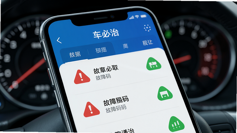 手机屏幕特写,显示“车必治”APP的故障码列表界面,红色警告图标与绿色正常图标分明,背景为模糊的汽车仪表盘,清晰展示数据读取过程,科技蓝配色,高保真渲染,干净利落