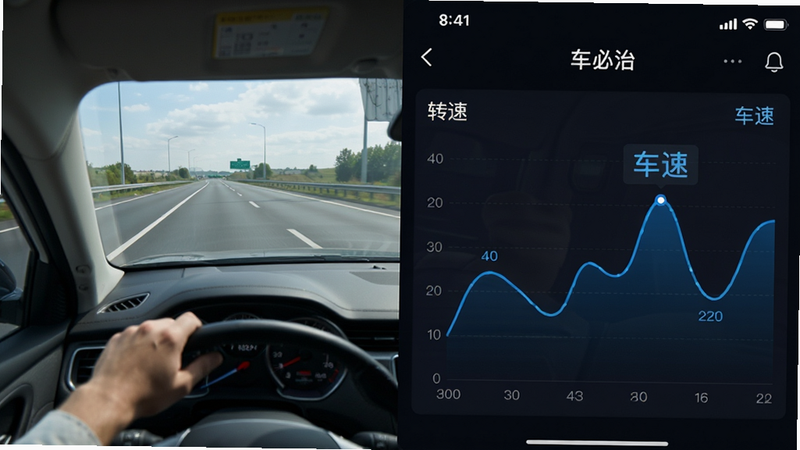 分屏布局,左侧为汽车行驶在高速路上的实景,右侧为“车必治”APP内的实时数据曲线图,蓝色线条流畅波动,标注“转速”、“车速”等字样,现代简约UI风格,高分辨率,清晰易懂