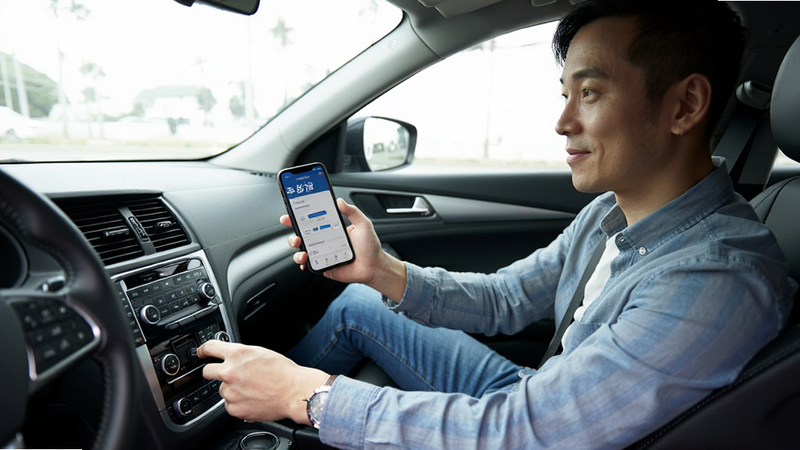 一位车主坐在车内,手持手机操作“车必治”APP,另一只手轻轻插入OBD接口,表情专注且轻松,车内环境整洁,自然光照明,写实风格,细节清晰,无多余装饰