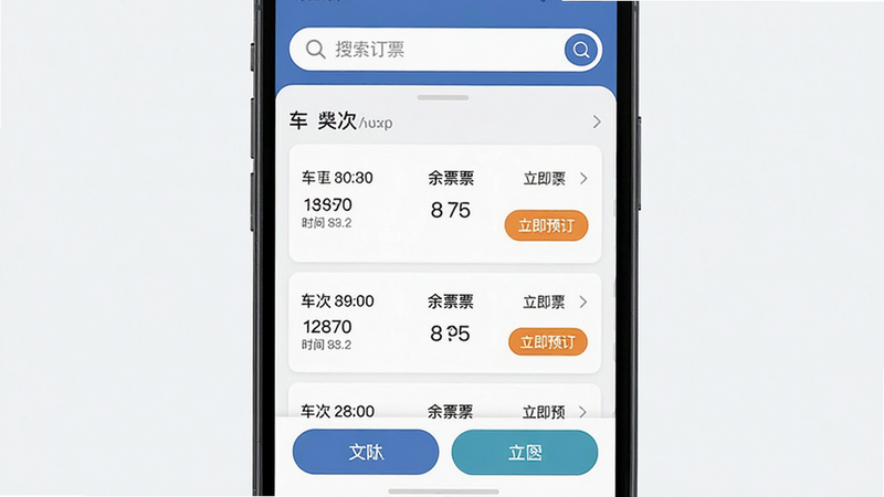 ����Ϊ�ֻ���Ļ��ʾ��·��ʵʱ��ƱApp���棬����������Ϊ�������������в��г��б����ײ�������ť���Ű��������򣬷��Ϊ��ƽ��UI��ƣ�ϸ�ڰ������Ρ�ʱ�䡢��Ʊ������������Ԥ����������ť�����ʸ��壬�ɾ��޶���Ԫ��