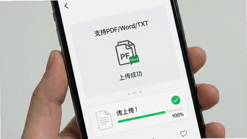 ����Ϊ�ֻ����棬��ʾ�ĵ��ϴ�ҳ�档�м���һ�������ק����ͼ��Ϊ�ĵ��ѵ����Ϸ����֡�֧��PDF/Word/TXT�����·���ʾһ�����ϴ����ĵ���Ƭ����������ʾ100%����������죬��ɫ������ϸ�ڰ�������ɫ�ı߿���ɫ����ɶԹ�ͼ�ꡣ�����������ɾ�����ˮӡ���������ּ������硰֧��PDF/Word/TXT�������ϴ��ɹ�����
