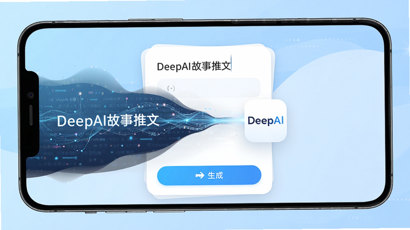 主体为DeepAI故事推文安卓应用界面展示,布局采用居中卡片式设计,背景为淡蓝色渐变,排版清晰包含输入框与生成按钮,风格现代简约科技感,细节展示AI生成文字流动效果,画质高清锐利,干净无多余元素,文字包含