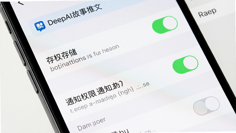 主体为手机设置界面特写,布局聚焦于权限管理列表,排版清晰突出存储与通知权限,风格为iOS/Android通用UI,细节展示开关按钮状态,画质高清,干净无干扰,文字包含