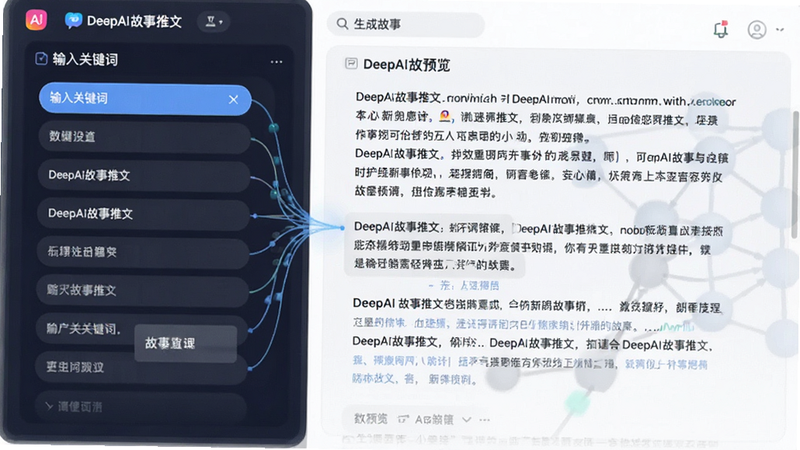 主体为AI写作过程可视化界面,布局左侧为输入关键词列表,右侧为生成的故事段落预览,排版采用双栏对比式,风格为扁平化商务风,细节展示数据流与文字块的动态连接,画质清晰,干净无杂乱背景,文字包含