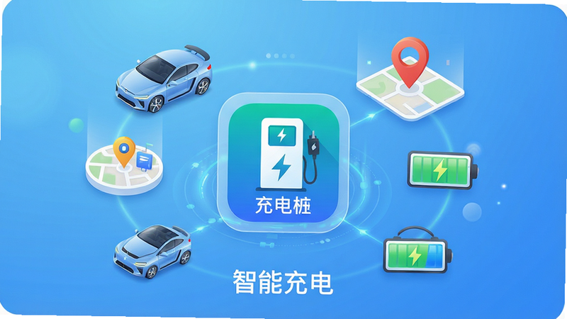 ����Ϊ�ֻ�Ӧ�ý����ͼ������Ϊ����ɫ�Ƽ����䣬������ʾ�����׮��APPͼ�꣬��Χ�����ŵ綯������ͼ��λ����ص�����Ԫ�أ���������Գƣ��Ű�����������ִ���Լ��ϸ�ڷḻ�����ʸ��壬�ɾ��޶���Ԫ�أ�������ʾ�����ܳ�硱