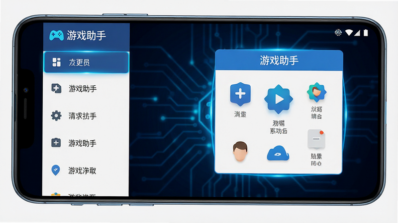 主体为一款名为“游戏助手”的安卓手机应用界面全屏展示,布局清晰,左侧为功能菜单列表,右侧为悬浮窗控制区域,风格为现代扁平化UI设计,细节处体现科技感蓝色光效,画质高清,干净无多余元素,文字“游戏助手”清晰可见