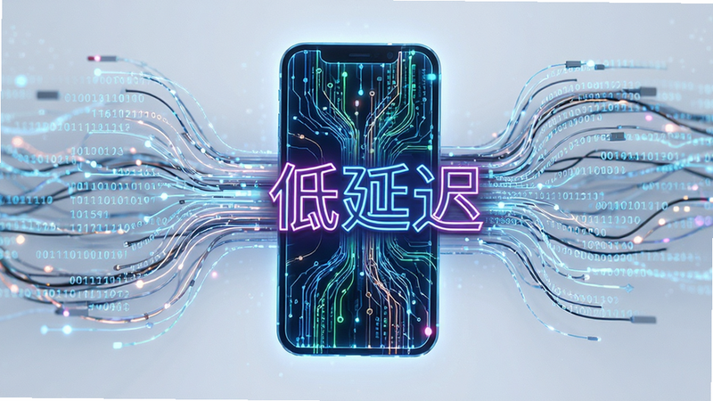主体为抽象的数据流线条汇聚成一个手机轮廓,象征高速数据传输,布局居中,风格为赛博朋克风,细节处有二进制代码流动,画质极致清晰,干净背景,文字“低延迟”以霓虹灯效果显示