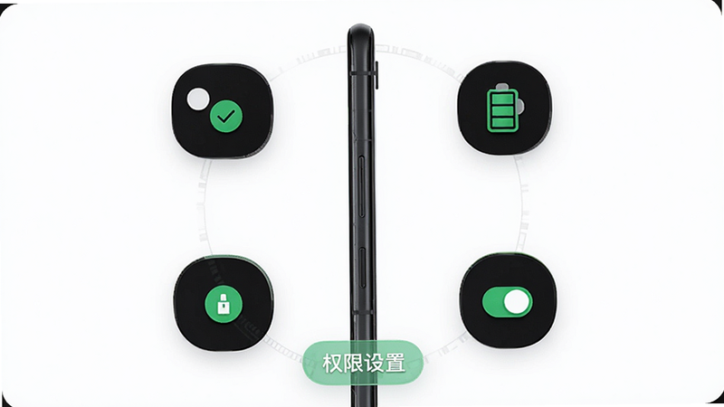 主体为一部安卓手机侧视图,旁边环绕着悬浮窗控制图标、电池优化设置图标和权限开关图标,布局呈环形分布,风格为极简科技风,细节处有绿色对勾标志,画质清晰,干净背景,文字“权限设置”以标签形式显示