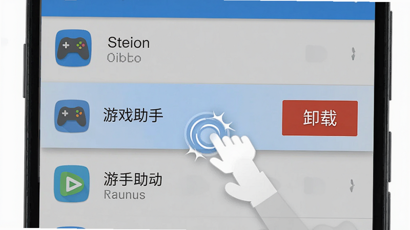 主体为一个安卓系统设置界面,显示应用列表,其中“游戏助手”选项被高亮显示,旁边有一个红色的卸载按钮,布局为标准系统UI,风格为扁平化设计,细节处有手指点击的动画效果,画质清晰,干净背景,文字“卸载”清晰可见