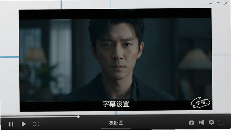 极影匣播放界面截图,显示视频画面与底部控制栏,字幕区域清晰可见,文字标注
