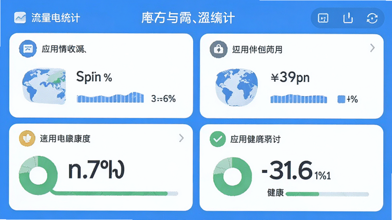 主体为流量与电量统计面板,布局为上下分栏,排版紧凑,风格为清新蓝色调,细节显示各应用流量占比和电池健康度百分比,画质细腻,干净,无多余元素
