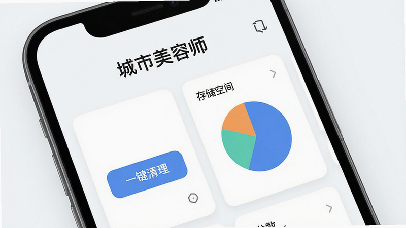 主体为一部智能手机屏幕,显示“城市美容师”应用界面,布局为简洁的卡片式设计,排版清晰,风格为扁平化科技风,细节展示一键清理按钮和存储空间饼图,画质高清,干净,无多余元素