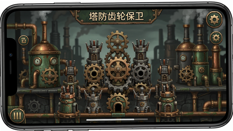 一张展示手机屏幕上《塔防齿轮保卫》游戏界面的高清截图,画面中央是复杂的齿轮防御塔阵列,背景为蒸汽朋克风格的工厂场景,色彩以铜锈绿和深灰为主,高清晰度,无水印,排版整洁