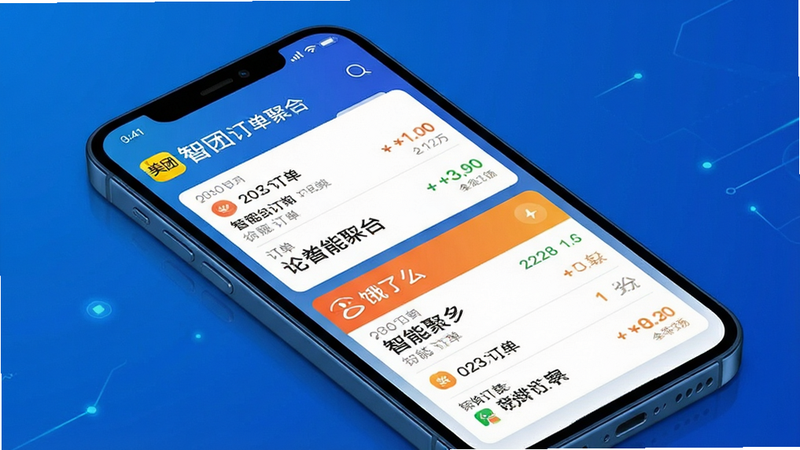 展示多平台订单聚合界面,主体为手机屏幕,布局显示美团与饿了么订单并列,排版紧凑有序,风格为科技感蓝色调,细节包含订单时间与金额信息,画质清晰,干净,无多余元素,文字