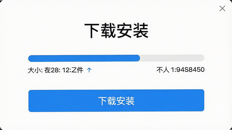 展示下载与安装界面,主体为下载进度条与安装按钮,布局为居中显示,排版简洁,风格为极简白底,细节包含文件大小与版本号,画质高清,干净,无多余元素,文字