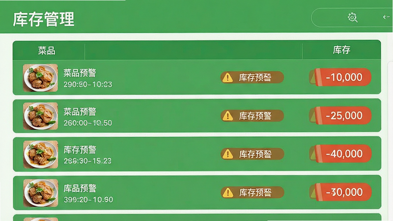 展示库存管理界面,主体为菜品列表与库存数字,布局为列表形式,排版整齐,风格为清新绿色调,细节包含库存预警标识,画质清晰,干净,无多余元素,文字