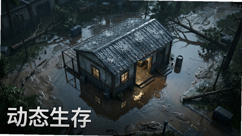 主体为游戏内的暴雨场景,布局为俯视视角,中央是一座被雨水冲刷的避难所,周围是泥泞的道路和倒下的树木,排版突出环境压迫感,风格为写实电影感,细节包括雨滴打在屋顶上的特效、积水中的倒影,画质8K,干净,无多余元素,文字