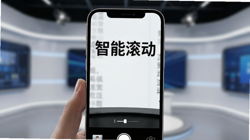 主体为手机拍摄界面,屏幕中央显示滚动文字,文字位置在画面上方1/3处,避开面部区域,布局合理,背景为虚拟演播室场景,排版整洁,风格现代简约,细节处显示速度调节图标,画质清晰,干净无杂乱元素,文字“智能滚动”加粗显示,无多余装饰,真实拍摄视角,高保真色彩