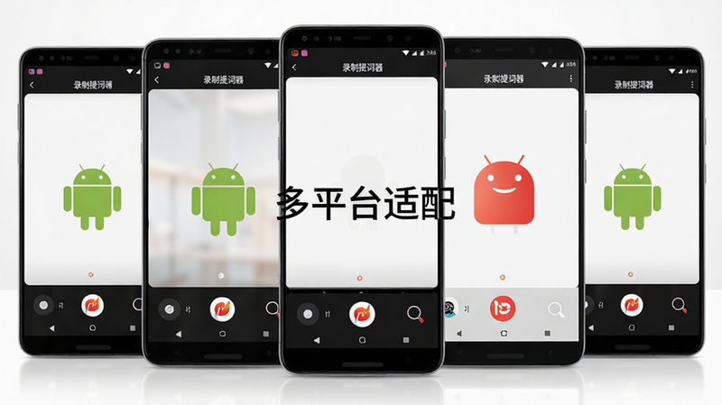 主体为多部安卓手机并排展示,屏幕上均运行“录制提词器”APP,布局对称整齐,背景为纯白渐变,风格科技感十足,细节处显示Android标志和不同品牌Logo,画质细腻,干净无阴影干扰,文字“多平台适配”居中显示,无水印,无UI重叠,真实产品渲染图,8k超清