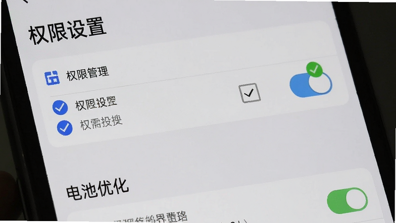 主体为手机设置界面,显示“权限管理”和“电池优化”页面,布局垂直排列,背景为浅灰色,风格系统原生,细节处显示勾选框和开关状态,画质清晰,干净无广告,文字“权限设置”加粗,无多余图标,真实系统截图,高对比度
