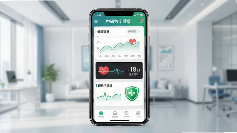 一张展示中研数字健康应用界面的全景图,主体为手机屏幕,布局清晰,排版现代,风格科技感强,细节包含健康数据图表、心率监测图标、绿色健康盾牌标志,画质高清,干净,无多余元素,文字为
