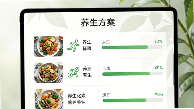 个性化养生计划页面,布局为列表与图标结合,排版清晰易读,风格清新自然,细节包含食物图片、运动图标、绿色进度条,画质细腻,干净,无多余元素,文字为