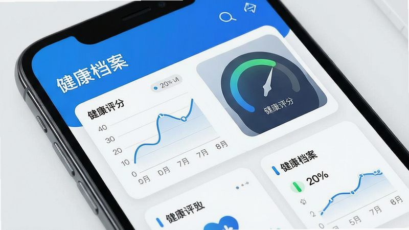 手机界面特写,显示动态健康档案页面,布局为卡片式设计,排版整洁,风格简约科技,细节包含折线图、健康评分仪表盘、蓝色主色调,画质清晰,干净,无多余元素,文字为