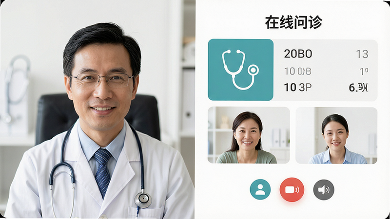 医生与患者视频问诊界面模拟,布局为分屏设计,左侧医生头像,右侧健康数据,排版专业严谨,风格温馨可信,细节包含听诊器图标、视频通话按钮、白色背景,画质高清,干净,无多余元素,文字为