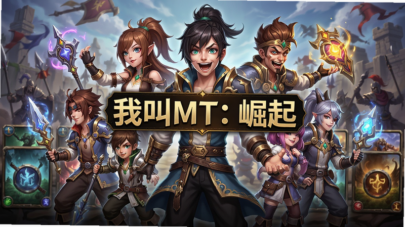 主体为《我叫MT:崛起》手游的主视觉海报,布局采用中心对称构图,中心位置是MT小队的核心角色群像,表情生动夸张,背景为充满奇幻色彩的卡牌战场,排版整洁,风格为高品质动漫渲染风,细节丰富,展现角色服饰纹理与魔法特效,文字标签“我叫MT:崛起”清晰居中,画质4K高清,干净无多余元素