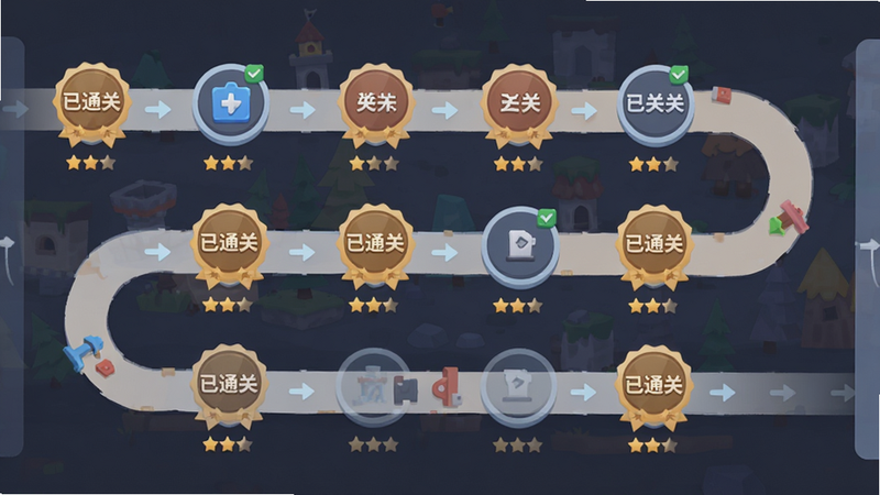 主体为游戏关卡地图界面,展示蜿蜒的关卡路径,每个节点代表一个关卡,部分节点显示“已通关”徽章,布局横向滚动,排版有序,风格为扁平化UI设计,细节显示关卡星级评价,画质平滑,干净,无多余元素
