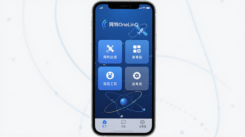 ����Ϊ����OneLinQ App����ȫ��չʾ������������������ʾ�ź�ǿ��ͼ�꣬�в�Ϊ���Ĺ�����ڿ�Ƭ���ײ�������������ҳ����Ϣ������ͼ�꣬���Ϊ�ִ��Ƽ�����ɫ����ϸ�ڰ������ǹ������װ�Σ����ʸ��壬�ɾ��޶���Ԫ�أ�������ʾ